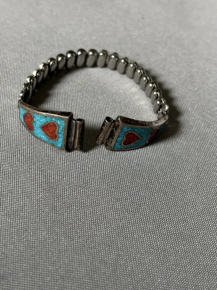 Pulseira de relógio vintage nativa americana coração turquesa e coral com incrustação elástica - Imagem 2 de 4