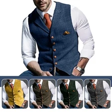 Men Retro Tweed Waistcoat Vest Wool Blend Casual Formal Plaid Herringbone Slim