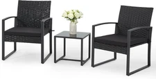 New 3-Piece Black Rattan Patio Bistro Set – Steel Frame, Cushions & Coffee Table