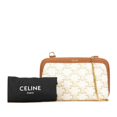 CELINE Triomphe Chain PVC Leather Off-White Brown Gold Hardware Shoulder Bag