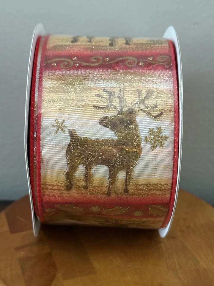 VTG Celebrate It Wired Christmas Ribbon Reindeer Deer Gold Glitter Snowflake Red - Image 2 of 4