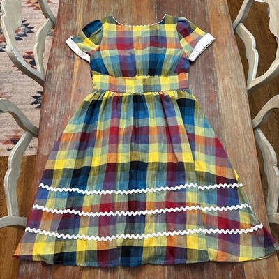 Unique Vintage Rainbow Plaid Ric Rac Swing Dress XL 14 Retro Mid-Century Style