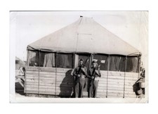 WW2 Era 1940s Two Soldiers With Rifles Standing By Tent Military Photo