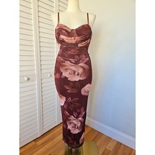 Madden Girl Brown Rose Mesh Cutout Midi Dress XL Y2K Romantic Bodycon Cocktail