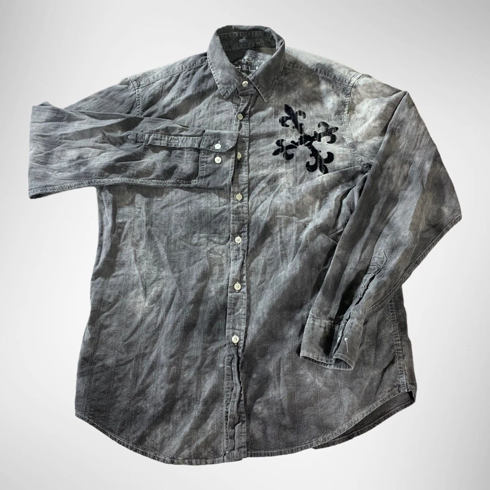 Helix Mens Shirt L Gray Angel Wing Embroidery Fleur De Lis Western Rocker Y2K - Image 2 of 4