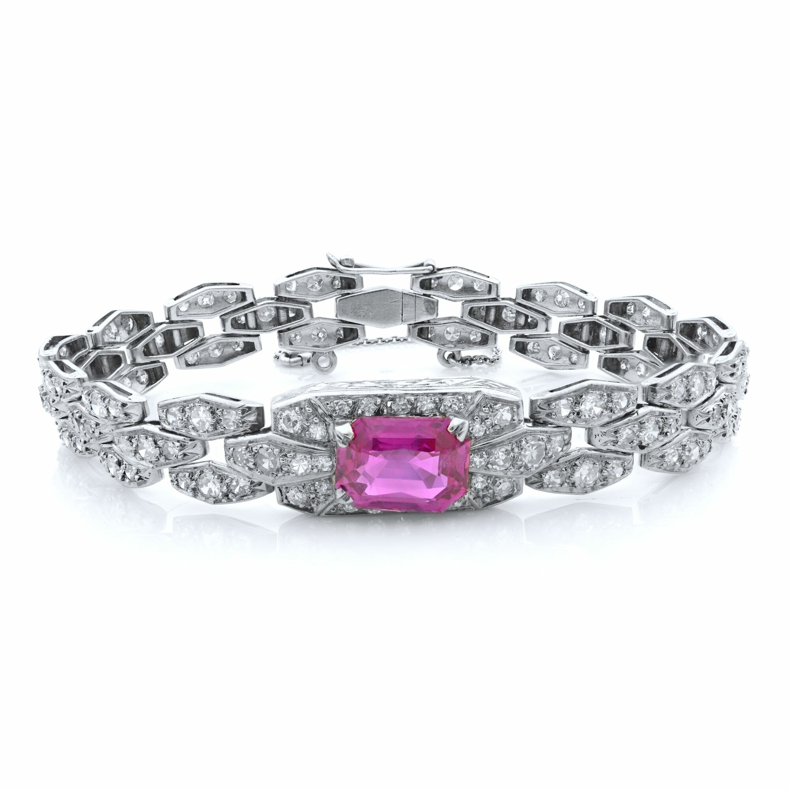 Antique Platinum Emerald Cut French Ruby and Diamonds Bracelet