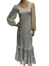 XS Vtg 70s Gunne Sax Maxi Dress Blue Print Cream Lace CottageCore Prairie Gown