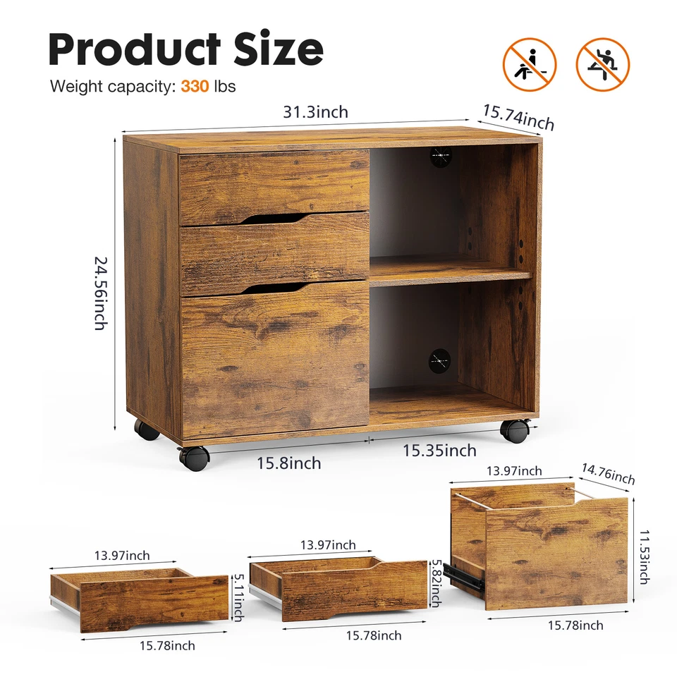 Armário de armazenamento móvel sob a mesa com 3 gavetas e 1 armário de armazenamento aberto - Imagem 2 de 4