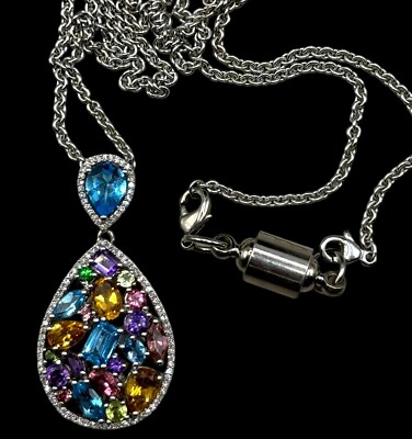 Sterling Silber Multi Edelstein Träne Anhänger Halskette Neu