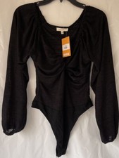 Promesa Sz Medium Long Sleeve V Neck Key Hole Bodysuit Black New NWT