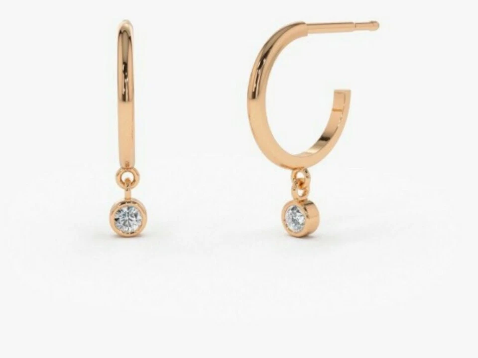 14K Gold Diamond Hoop Earrings Dangling Diamond Earrings Wedding Gift For Women. - Image 3 of 4