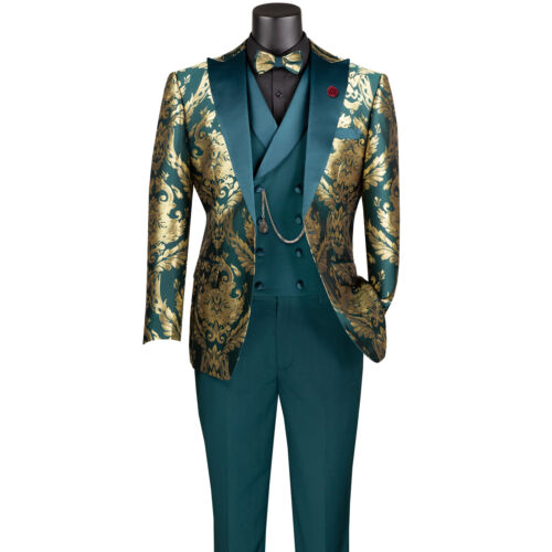 VINCI Men's Emerald & Gold Jacquard 3pc Modern Tuxedo w/ Bow-Tie - NEW - Picture 4 of 4