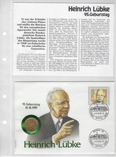 List numizmatyczny 95. urodziny Heinricha Lübke 1989 z monetą 1 DM