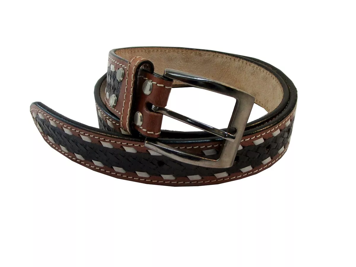 ONE PIECE LEATHER MEN BELTS BASKET TOOLED BUCK STITCH CASUAL WORK OFFICE  BELT