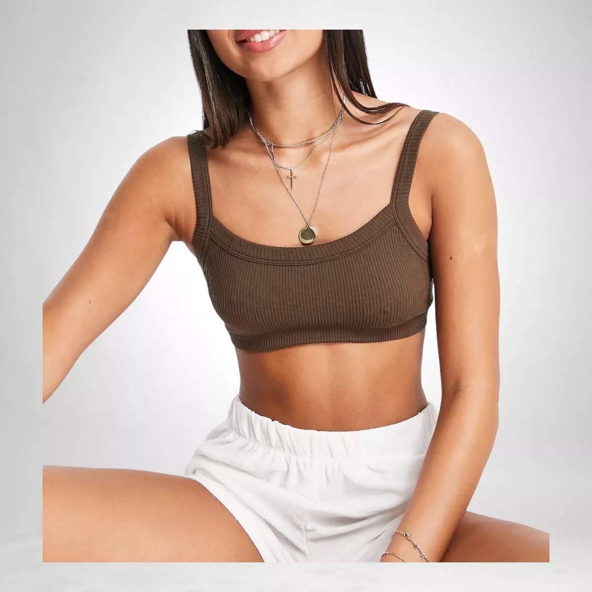 Stradivarius Brown Ribbed Bralette Croptop Seamless Women's UK