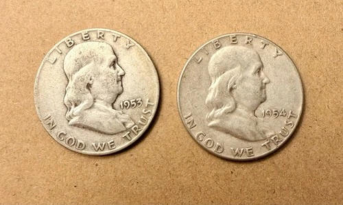 2 Franklin Half Dollars 1953 D, 1954 P, Silver U.S. Coins #9
