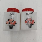 Vtg McKee Tipp Milk Glass Flower Basket Design Shakers Salt & Pepper Excellent!