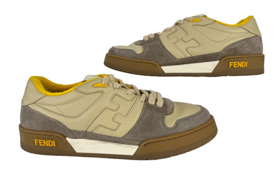$940 Fendi Auth Men Match Low Sneakers 9 US 42 EU Leather Beige Gum Yellow Shoes