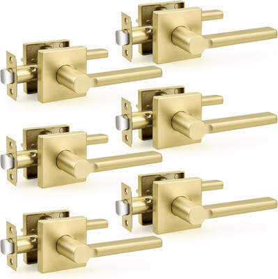 Passage Door Handles 6 Pack, Brushed Gold Non-Locking Square Levers for Closet H