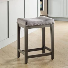 Allen+Roth Hoatley Gray 29in Barstool Saddle Seat Upholstered Wood Nailhead