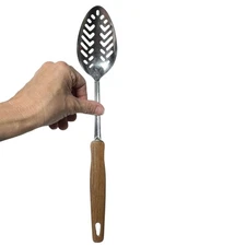 Vintage EKCO USA Slotted Spoon Stainless Steel 2-Tone Wood Black Handle MCM