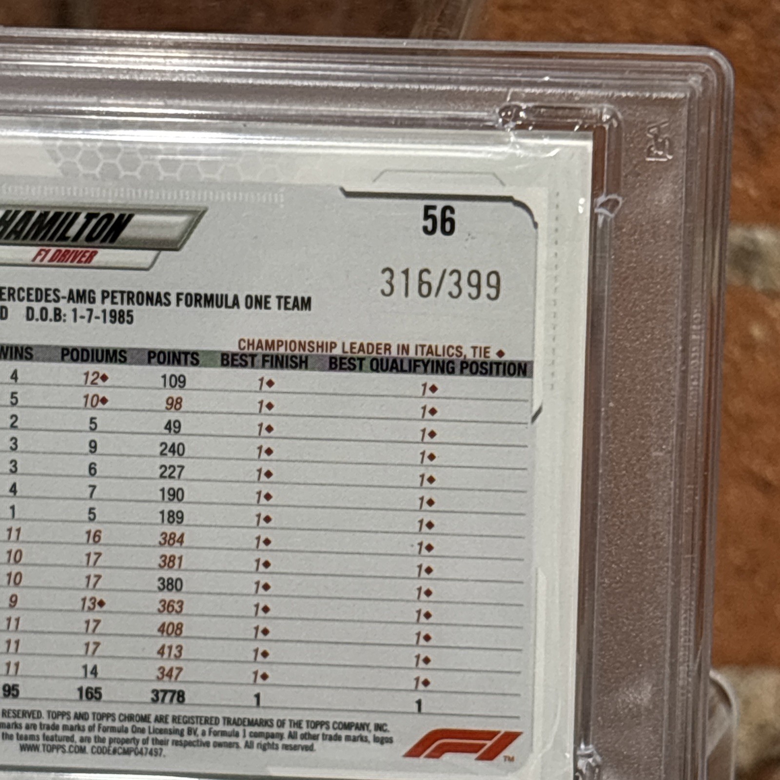 2021 TOPPS CHROME F1 #56 LEWIS HAMILTON PURPLE REFRACTOR /399 PSA 9 view 5