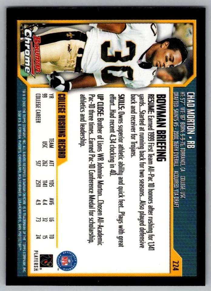 2000 Bowman Chad Morton Rookie New Orleans Saints #224 - Image 2 of 2