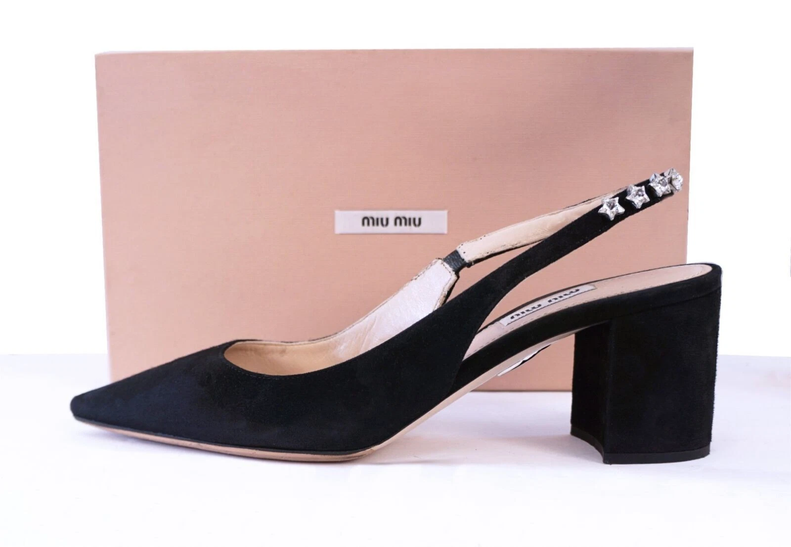 Miu Miu — MIU MIU 40 Crystal Embellished Black Suede Slingback Pumps 9.5 WORN ONCE