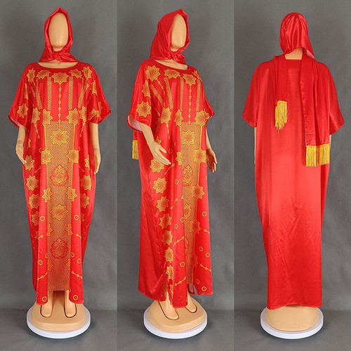African With Scarf Dress Arab Women Loose Clothes Robe Muslim Print Abaya Kaftan - Picture 14 of 44