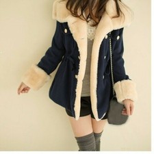 Women Faux Sheepskin Coat Jacket Fleece Lining Lapel Mid Length Button Down Slim