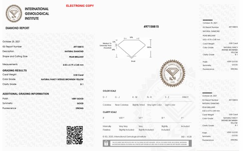 Pear Shape Diamond Fancy Brownish Yellow Loose 0.50 Carat SI1 IGI Certificate - Picture 3 of 6