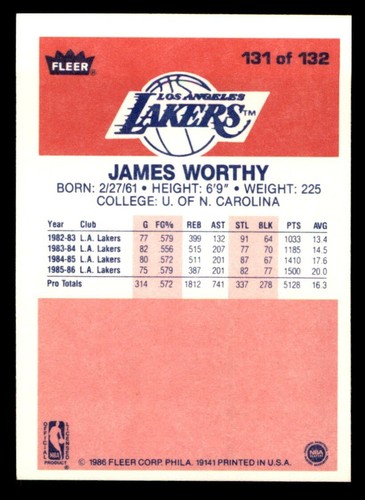 1986 Fleer Basketball #131 James Worthy NM/MT - 第 2/2 張圖片