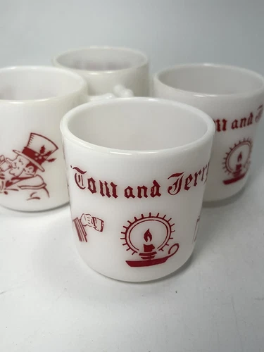 Tom & Jerry 6 oz Milk Glass Mugs Red Scroll Vintage Set of 4