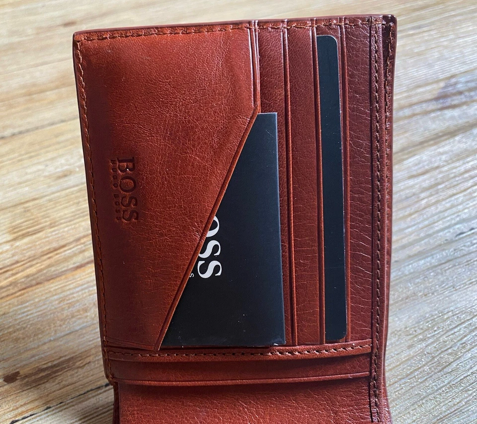 Hugo Boss Portefeuille Porte-Monnaie Homme En Cuir Marron Cognac Neuf - Photo 4/4