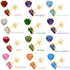 Heart Cut Solitaire Stud Earrings Simulated Birthstone 14K Yellow Gold Plated