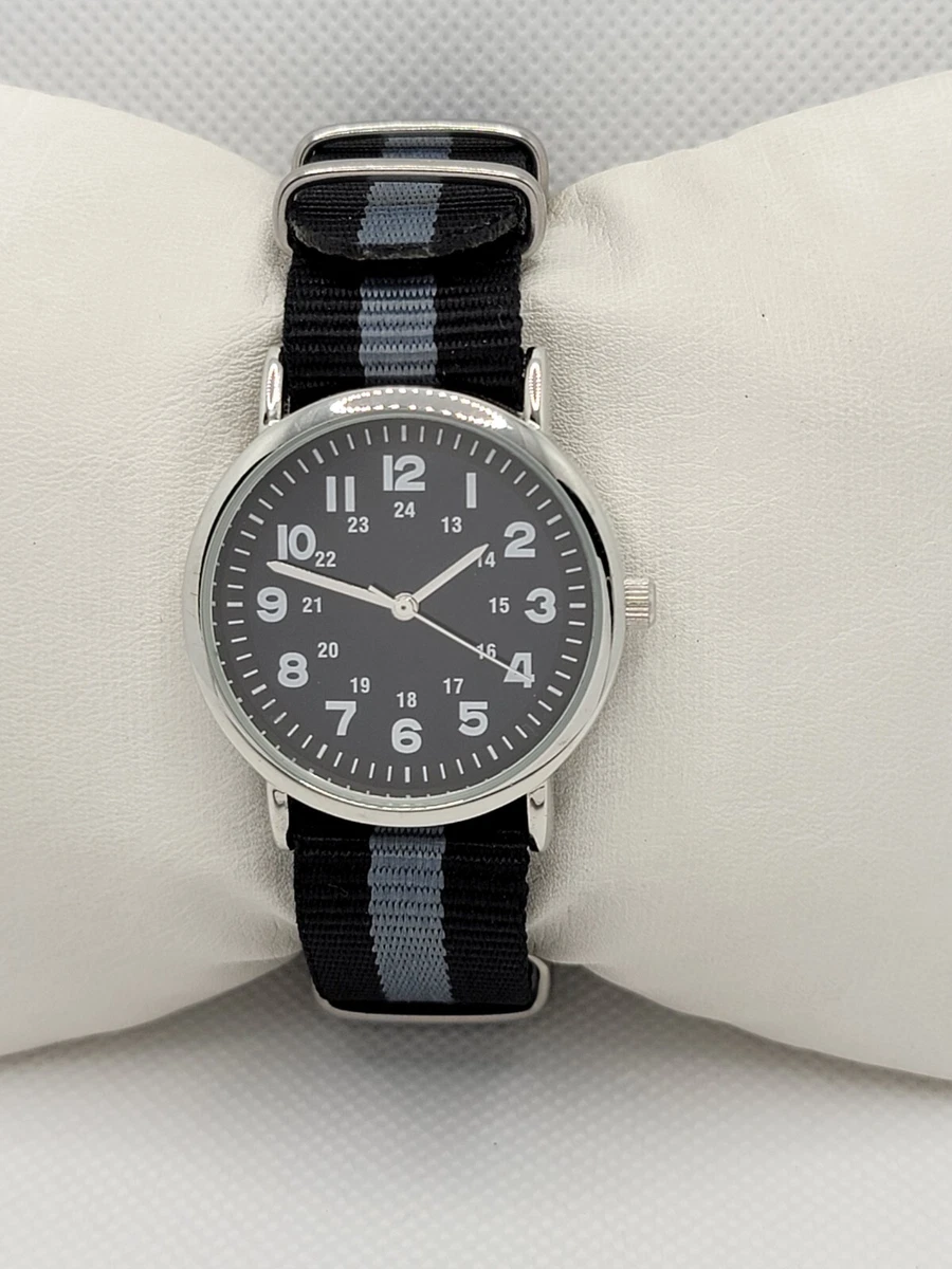 Ladies Round Field Silver Tone Black Dial Black Gray NATO Strap Analog Watch H5