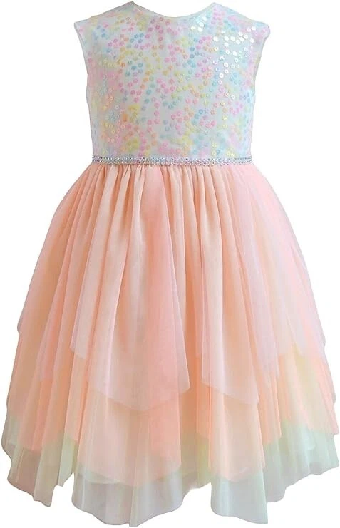 NWT Bonnie Jean Girls 4 Party Dress Peach Tulle Pastel Sequins Jewel Waist