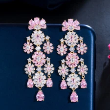 Women Bridal Gold Plated Pink Zircon Flower Long Chandelier Dangle Earrings Gift
