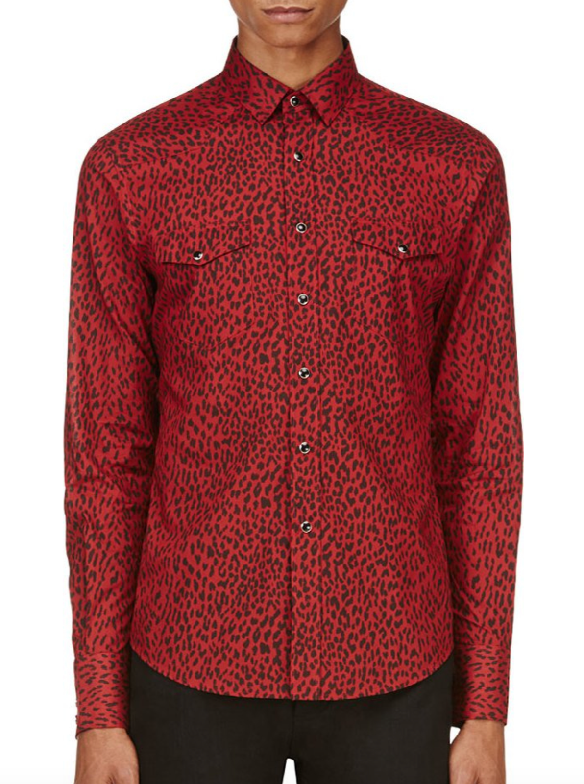 Camicia Saint Laurent YSL rossa nera babycat stampa leopardata western a scatto 38 15 nuova con etichette