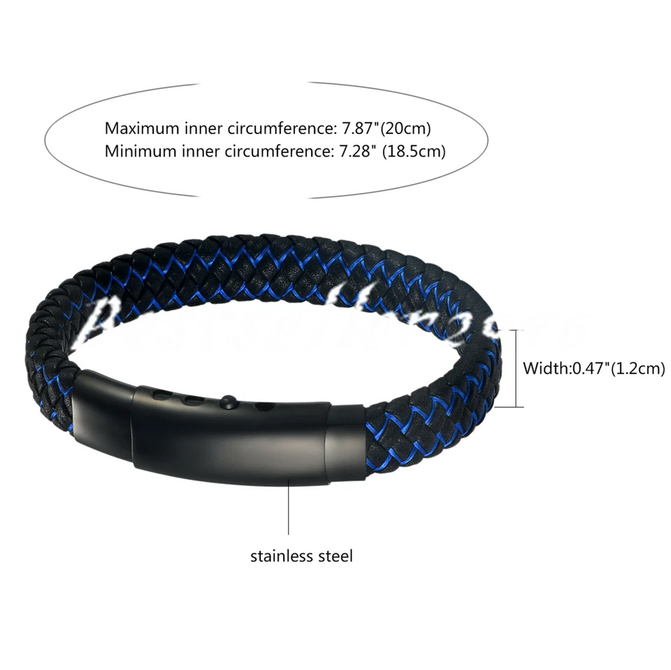 Men Black Blue 2 Tone Braided PU Leather Stainless Steel Bracelet Adjustable - Image 3 of 4