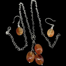Parure Collier Femme À Cœurs en Argent 925 Et Cornaline Boucles Pendentifs À Amo
