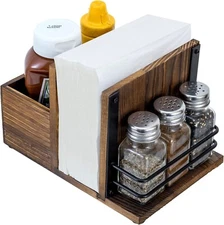 Brown Wood Napkin Holder and Condiment Server Dining Caddy, Tabletop Napkin