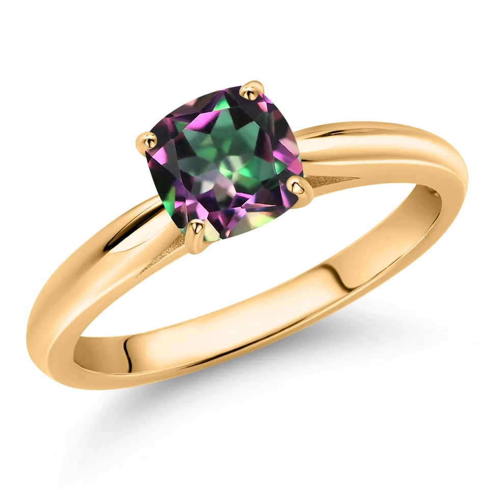 Anillo de compromiso de oro amarillo de 10 quilates con topacio místico verde cojín de 1,00 quilates Foto 2 de 4