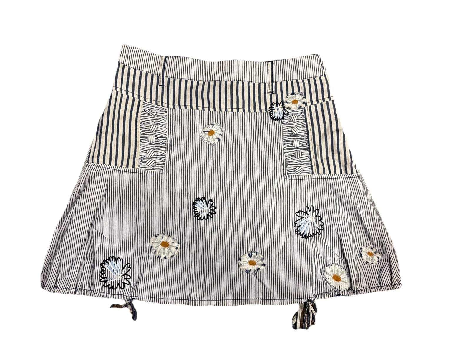 Delogy Embroidered Cotton Skirt Blue White Pinstripe Floral Boho M L