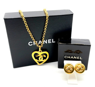Auth CHANEL Coco Mark Heart 95P Necklace/Round Earrings SET2 61.51g W/B TF010029