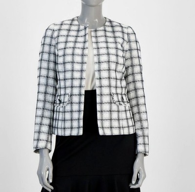 Kasper Women's White Plaid Open Front Blazer Jacket Coat Petite Size 12P