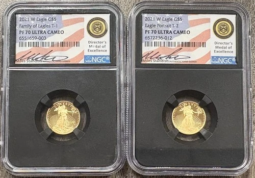 2021 W T1 & T2 $5 Gold Eagle 1/10oz Proof NGC PF70 UCAM Standish Signed, 2 Coins