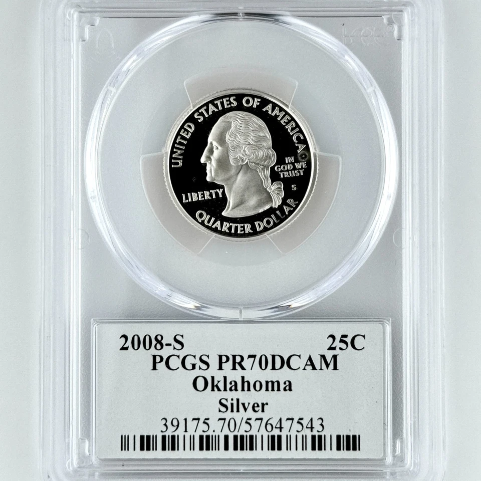 Cuarto de plata Oklahoma PR 70 DCAM PCGS 2008 S grado superior 25c OK bandera estatal Foto 4 de 4