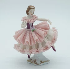 Authentic German Porcelain Karl Klette Ballerina Figurine with Pink Dresden Lace