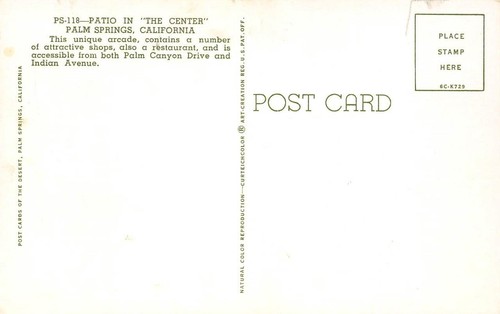 Patio "The Center" PALM SPRINGS Town & Country Restaurant 1950s Vintage Postcard - Picture 2 of 2